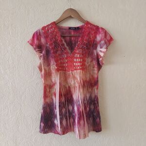 Apt. 9 Y2K Top Short Sleeve V-neck Multicolor Embroidered Sz Small